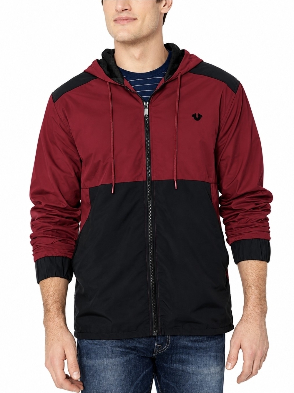True Religion Maroon and Black Hooded Jacket Windbreaker XL